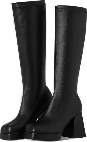 Kalstage Knee High Boots for Women Square Toe Chunky High Heels Leather Strtetch GoGo Boots Side Zipper Mid Calf Boots Platform Boots