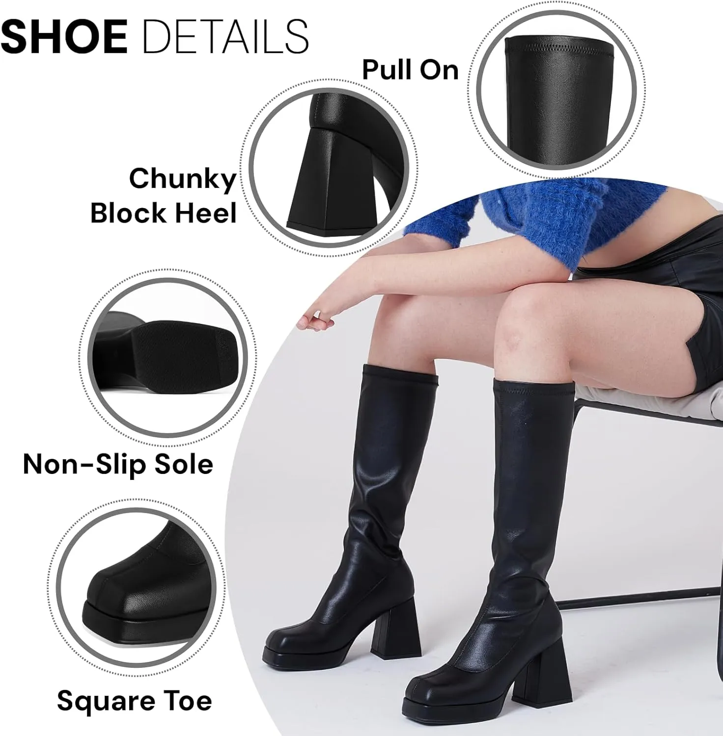 Kalstage Knee High Boots for Women Square Toe Chunky High Heels Leather Strtetch GoGo Boots Side Zipper Mid Calf Boots Platform Boots