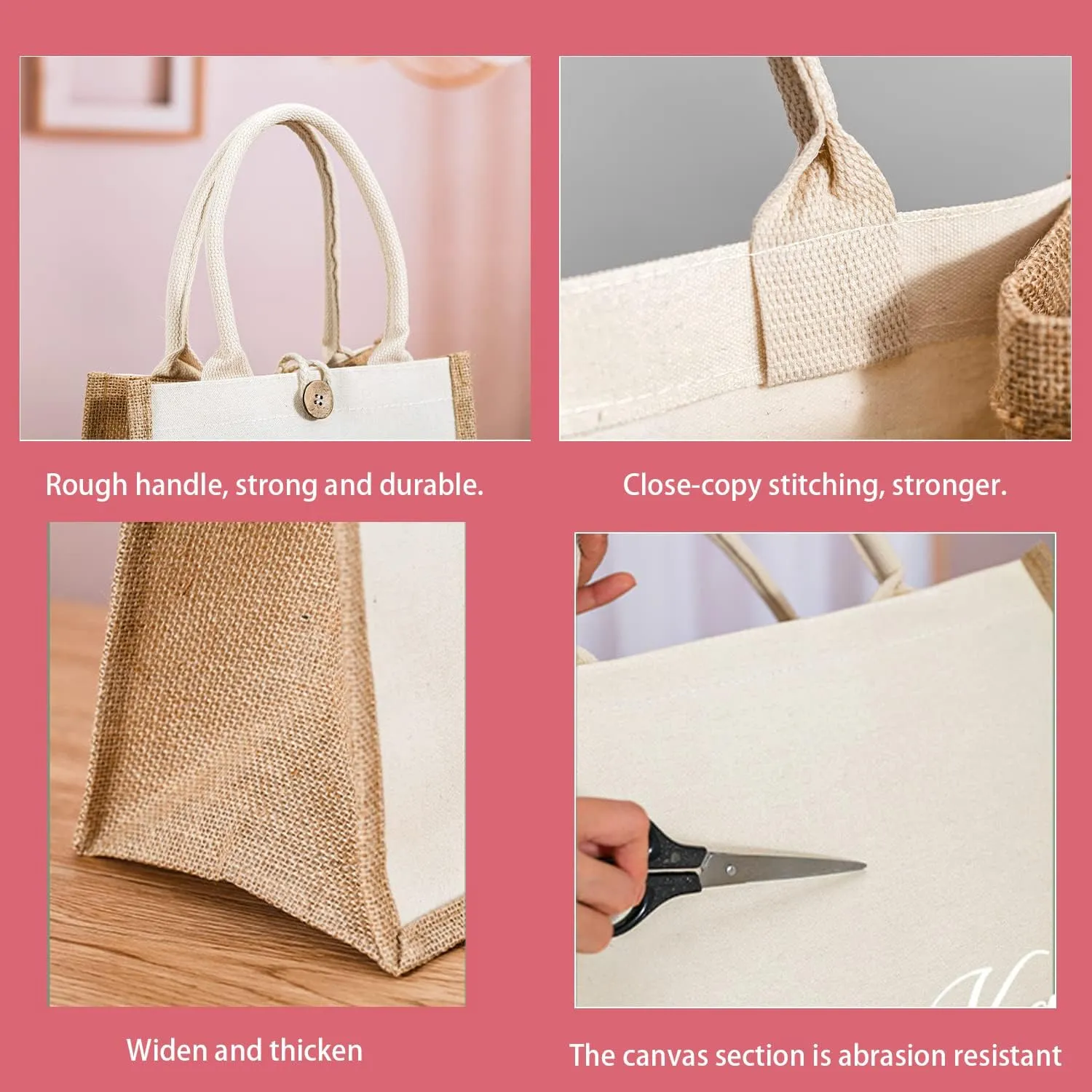kaxilu Jute Burlap White Tote Bag 14.5 * 10.7 * 6.5 6pcs Canvas front bag, Convenient decoration, retro tote Bag, country chic wedding, Shopping, travel, Arts and Crafts DIY Bag