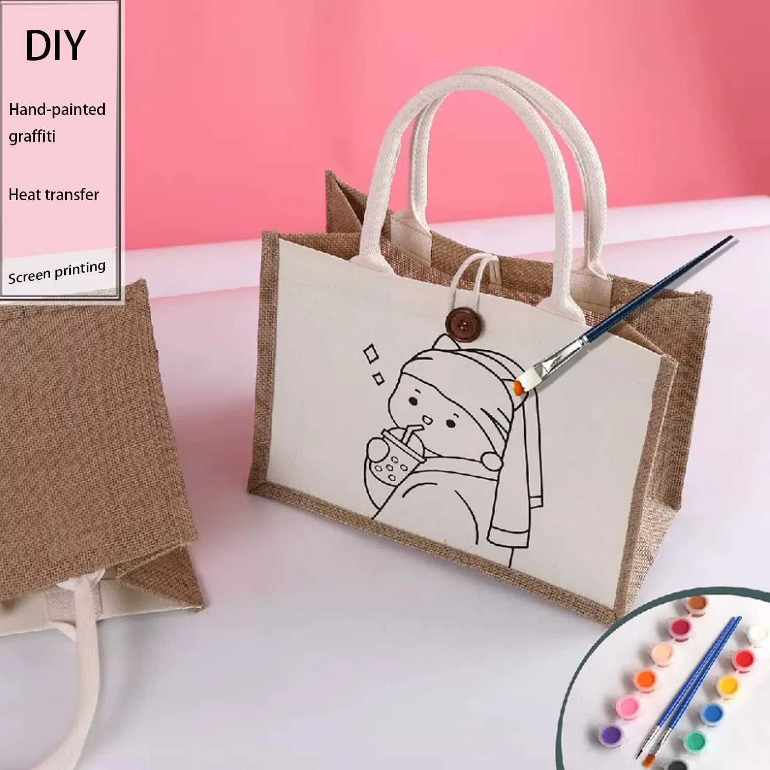 kaxilu Jute Burlap White Tote Bag 14.5 * 10.7 * 6.5 6pcs Canvas front bag, Convenient decoration, retro tote Bag, country chic wedding, Shopping, travel, Arts and Crafts DIY Bag