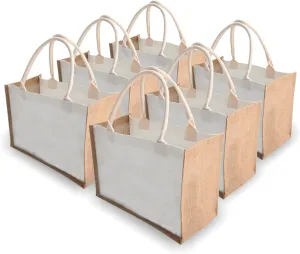 kaxilu Jute Burlap White Tote Bag 14.5 * 10.7 * 6.5 6pcs Canvas front bag, Convenient decoration, retro tote Bag, country chic wedding, Shopping, travel, Arts and Crafts DIY Bag