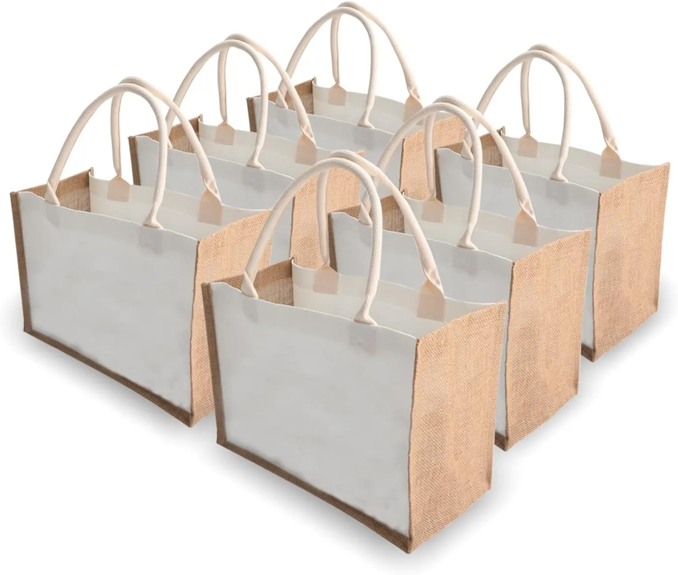 kaxilu Jute Burlap White Tote Bag 14.5 * 10.7 * 6.5 6pcs Canvas front bag, Convenient decoration, retro tote Bag, country chic wedding, Shopping, travel, Arts and Crafts DIY Bag