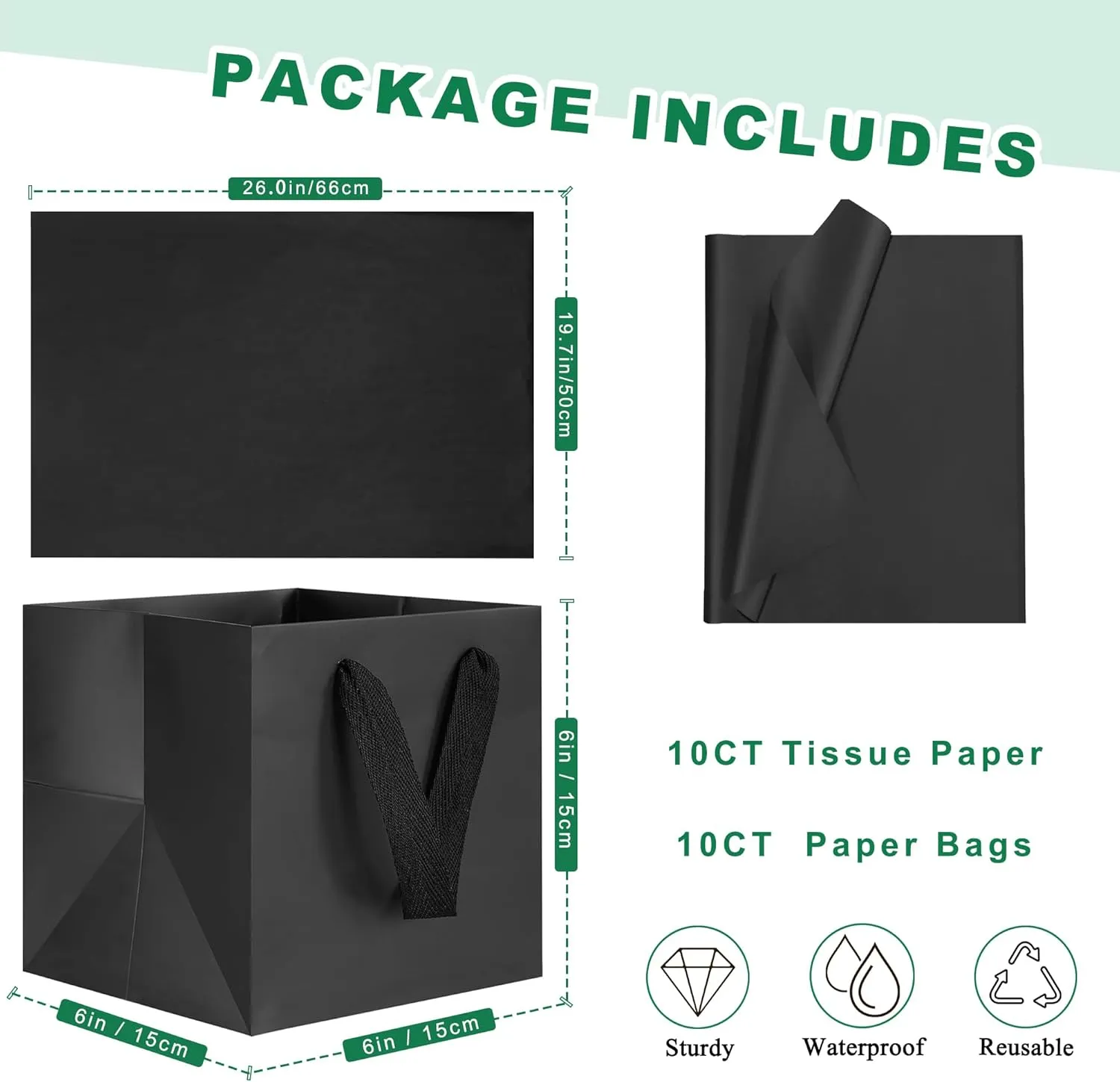 KEYYOOMY Black Square Gift Bags with Tissue Paper Small Gift Bags with Handles for Party Favor Bag Birthday Gift Bag (10 CT, 6x6x6 in, Black)