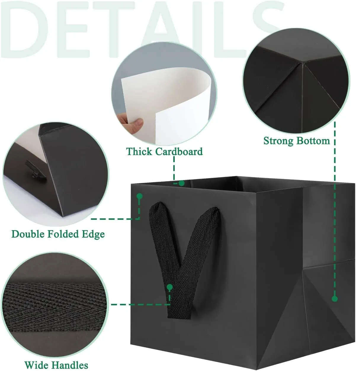 KEYYOOMY Black Square Gift Bags with Tissue Paper Small Gift Bags with Handles for Party Favor Bag Birthday Gift Bag (10 CT, 6x6x6 in, Black)