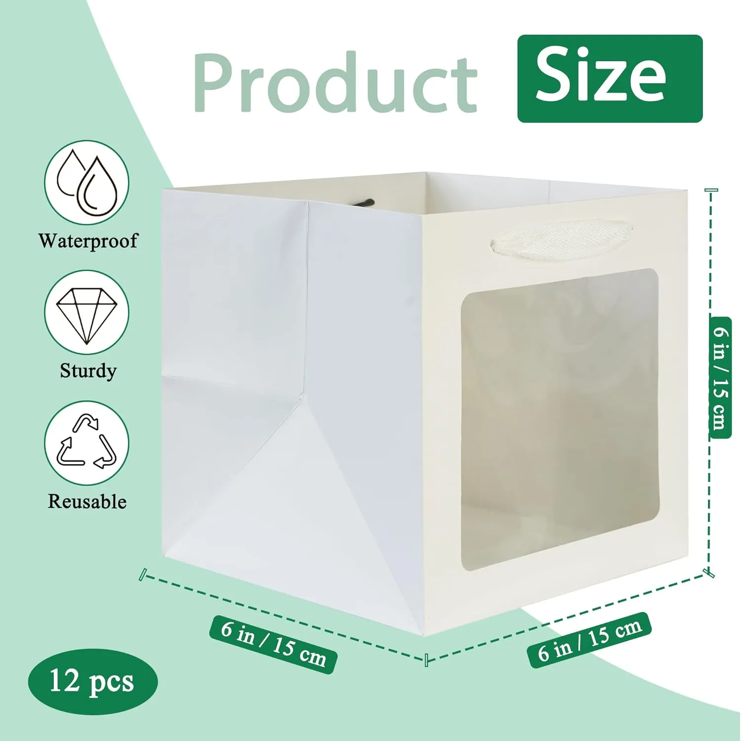 KEYYOOMY White Square Kraft Paper Gift Bags with Window- Small Square Bottom Gift Bags with Handles Party Favor Bags for Wedding Party Birthday Christmas (12 CT, 6x6x6 In)