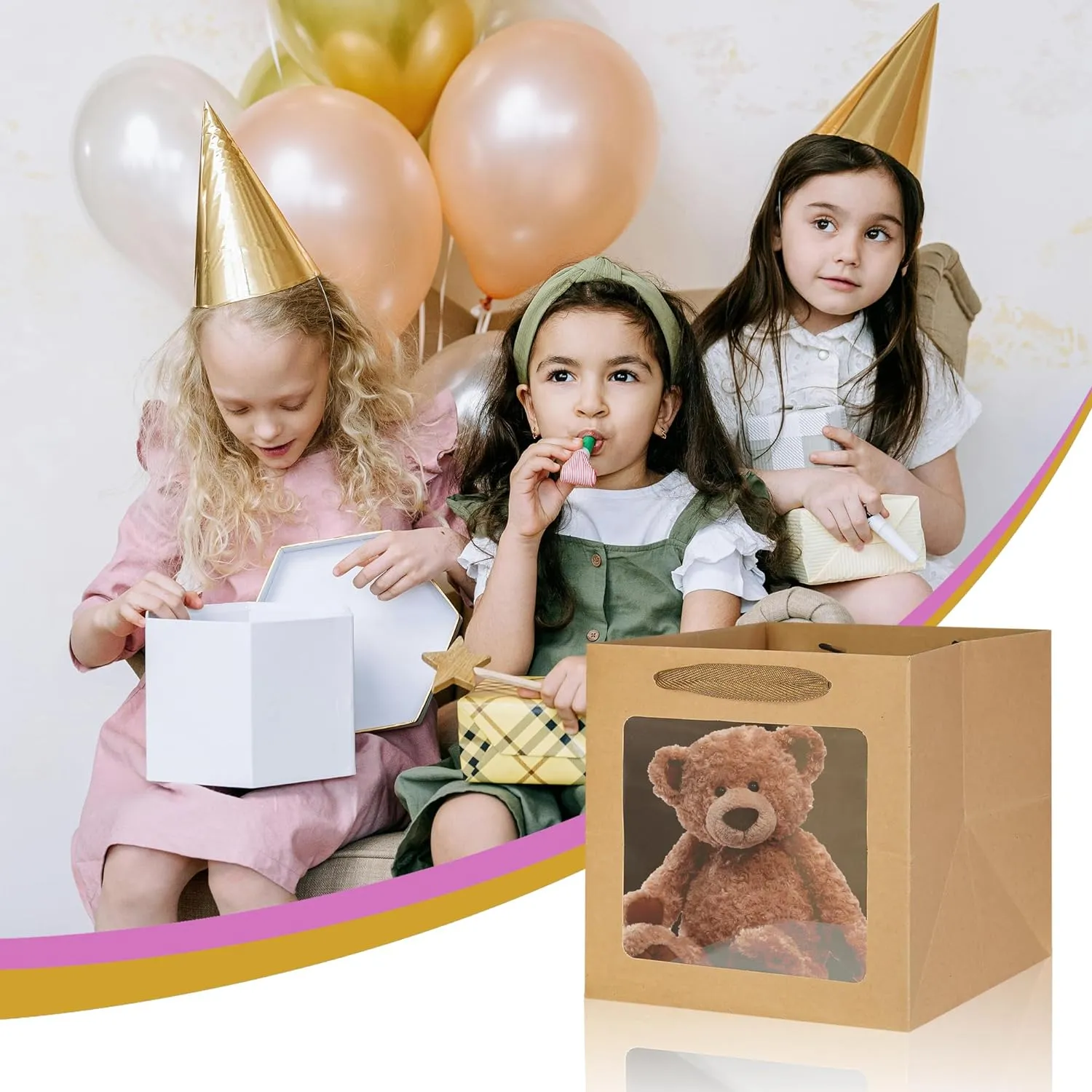 KEYYOOMY White Square Kraft Paper Gift Bags with Window- Small Square Bottom Gift Bags with Handles Party Favor Bags for Wedding Party Birthday Christmas (12 CT, 6x6x6 In)