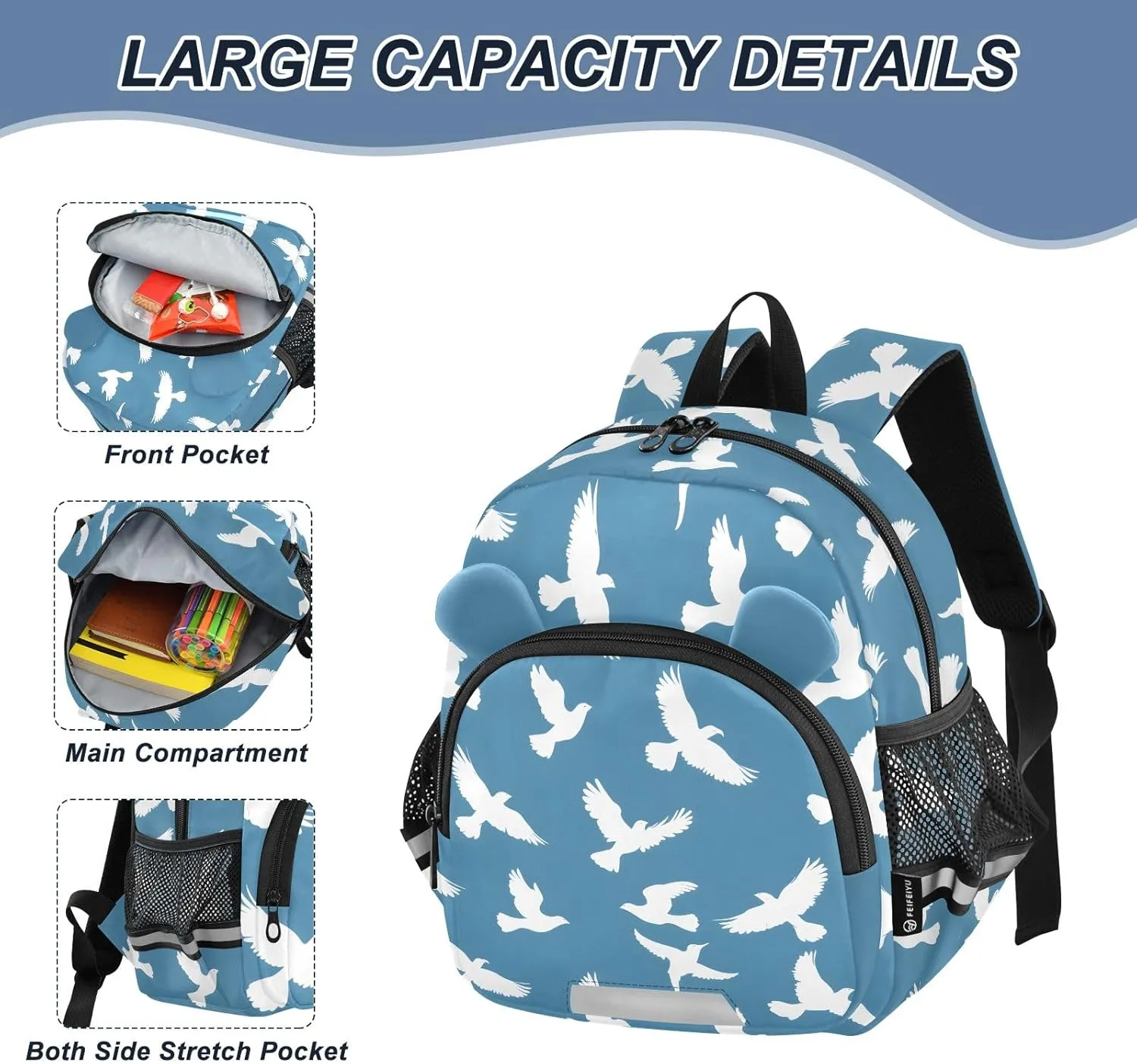Kids Backpack for Kindergarten White Pigeon Travel Bag with 3D Ears