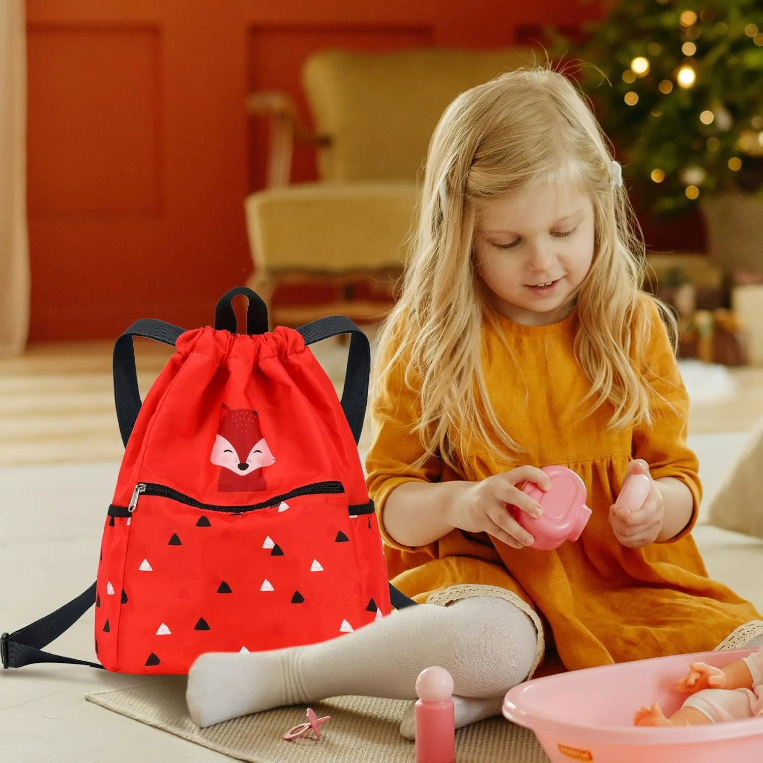 Kids Drawstring Bag - Swim Bag, Cloth Storage Backpack for Boys & Girls - Fox Red