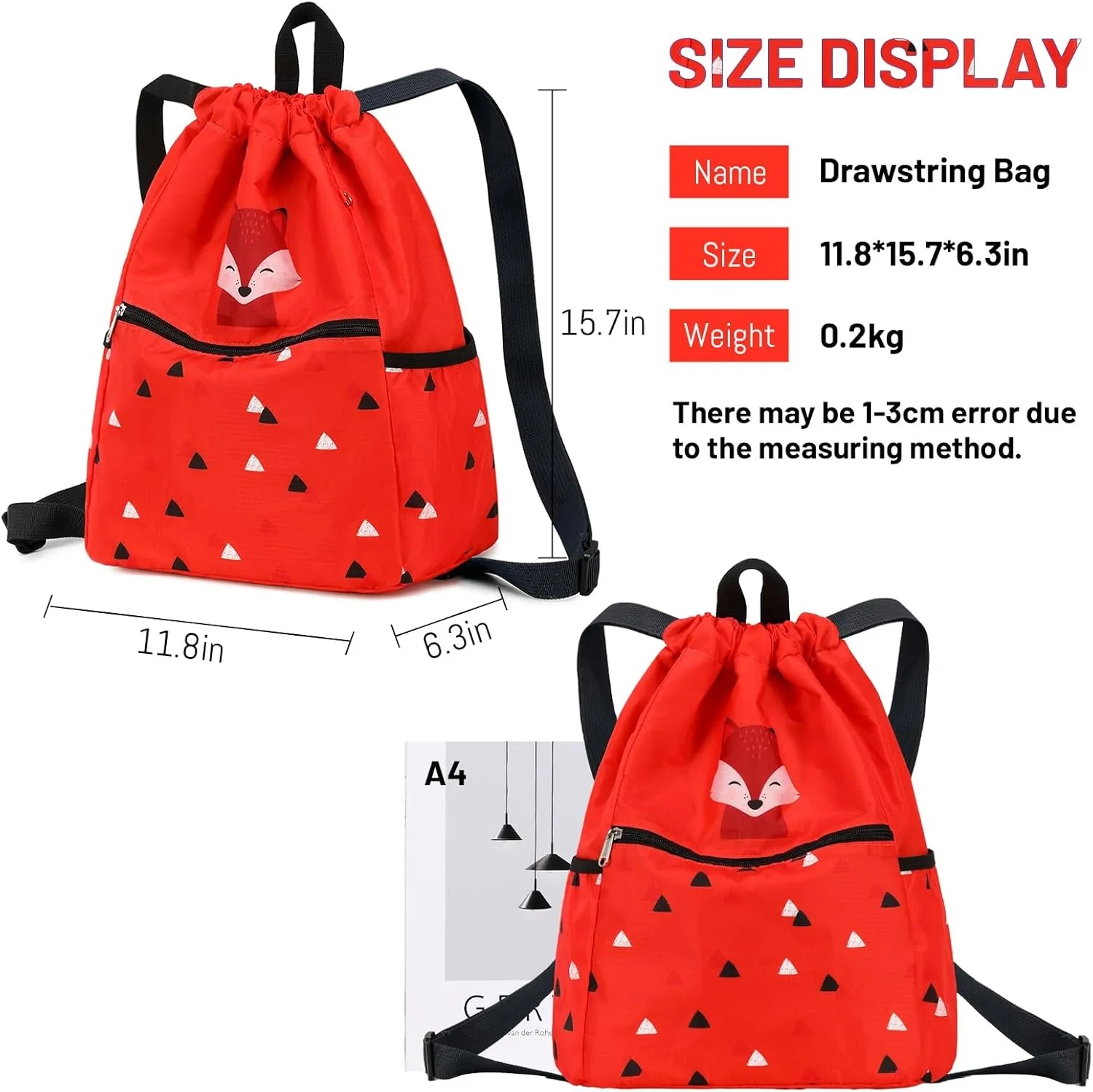 Kids Drawstring Bag - Swim Bag, Cloth Storage Backpack for Boys & Girls - Fox Red