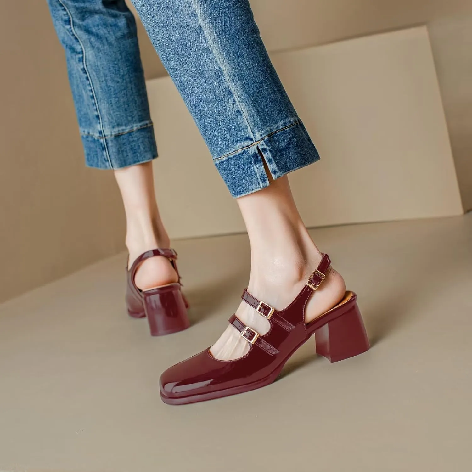 KISSASA Punk Goth Chunky Mary Janes Patent Leather Slingback Square Toe Pumps Metallic Heels