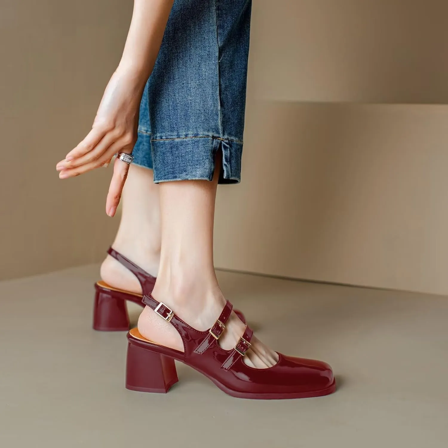 KISSASA Punk Goth Chunky Mary Janes Patent Leather Slingback Square Toe Pumps Metallic Heels