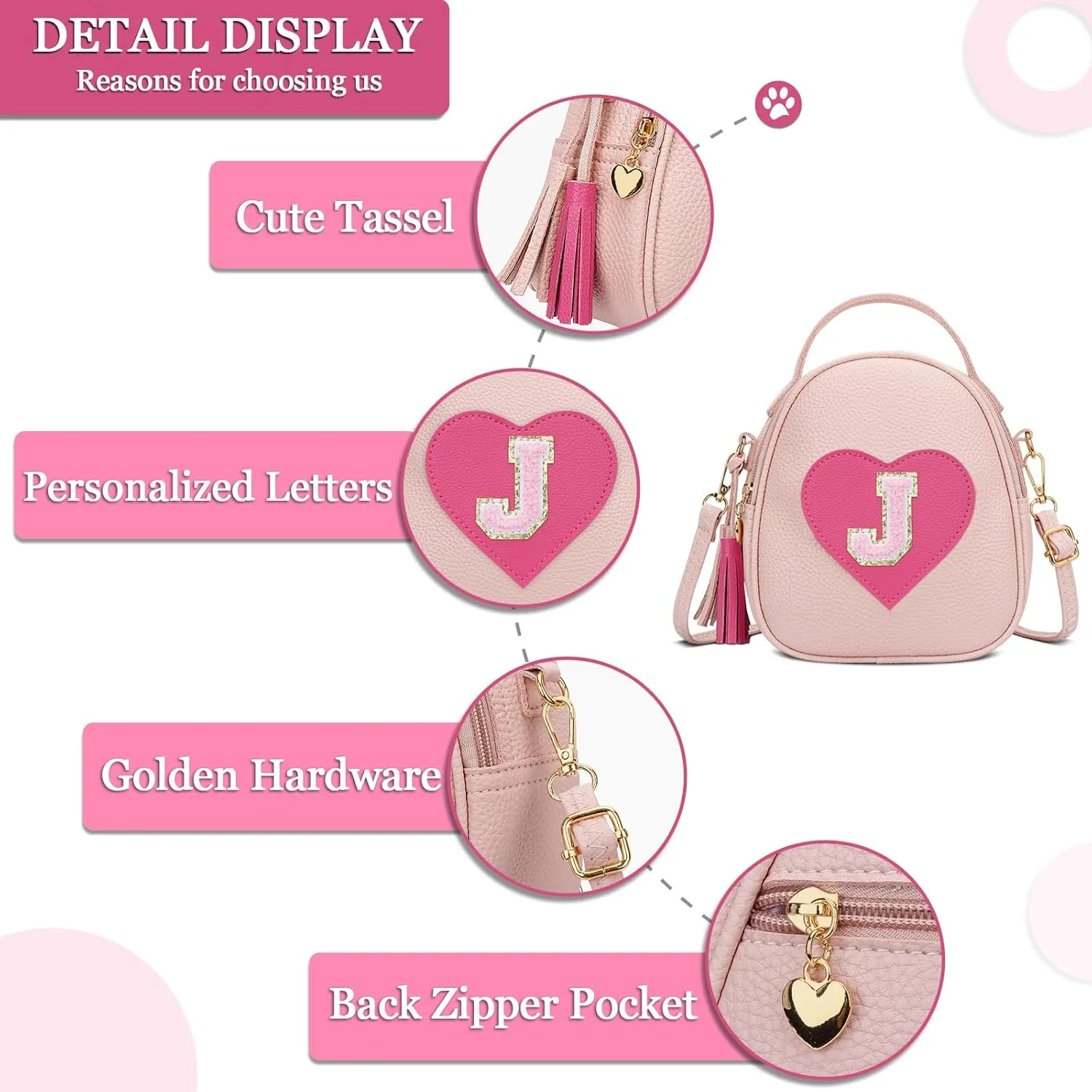 KKXIU Purse Gifts for Girls Cute Little Girl Crossbody Bag Heart Kids Small Backpack with Tassel (J)