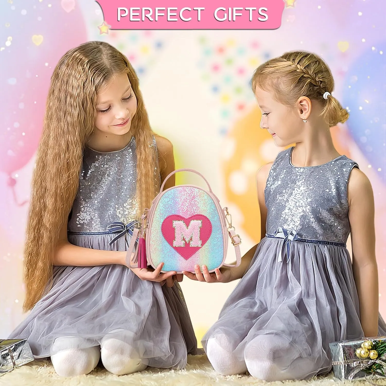 KKXIU Purse Gifts for Girls Cute Little Girl Crossbody Bag Heart Kids Small Backpack with Tassel (Shine-M)