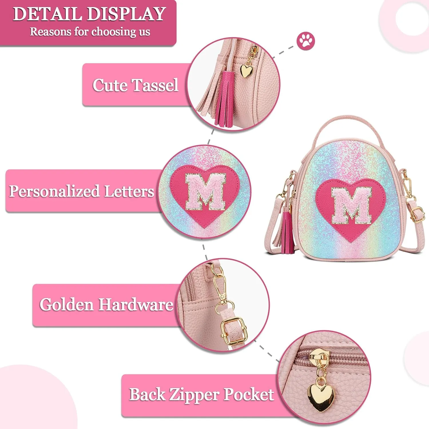 KKXIU Purse Gifts for Girls Cute Little Girl Crossbody Bag Heart Kids Small Backpack with Tassel (Shine-M)