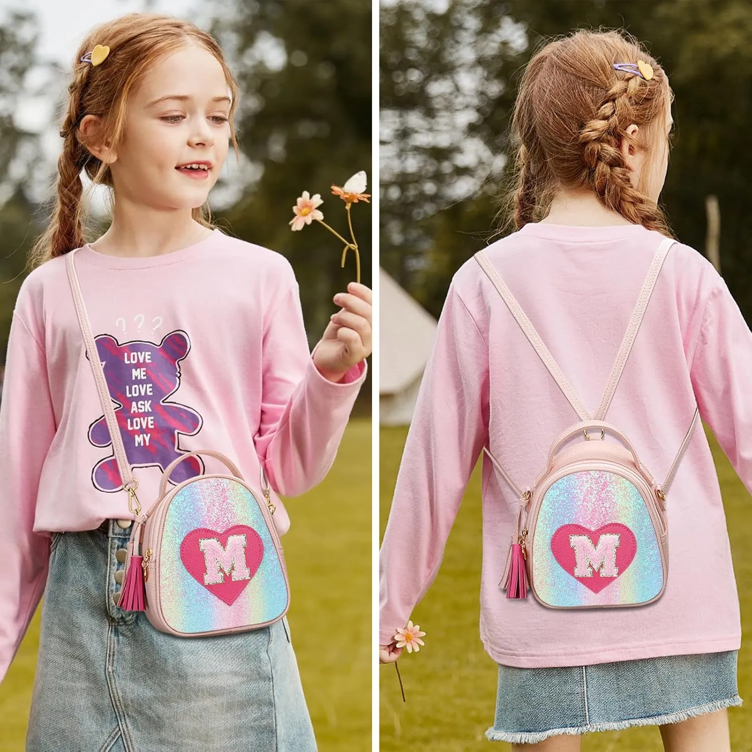 KKXIU Purse Gifts for Girls Cute Little Girl Crossbody Bag Heart Kids Small Backpack with Tassel (Shine-M)