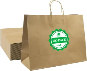 Klean & Conwenice Brown Paper Bags with Handles Bulk, 100 Pack 16 x 6 x 12 In Gift Bags for Birthday, Wending, Kraft Paper Bags for Shopping, Favor, Party
