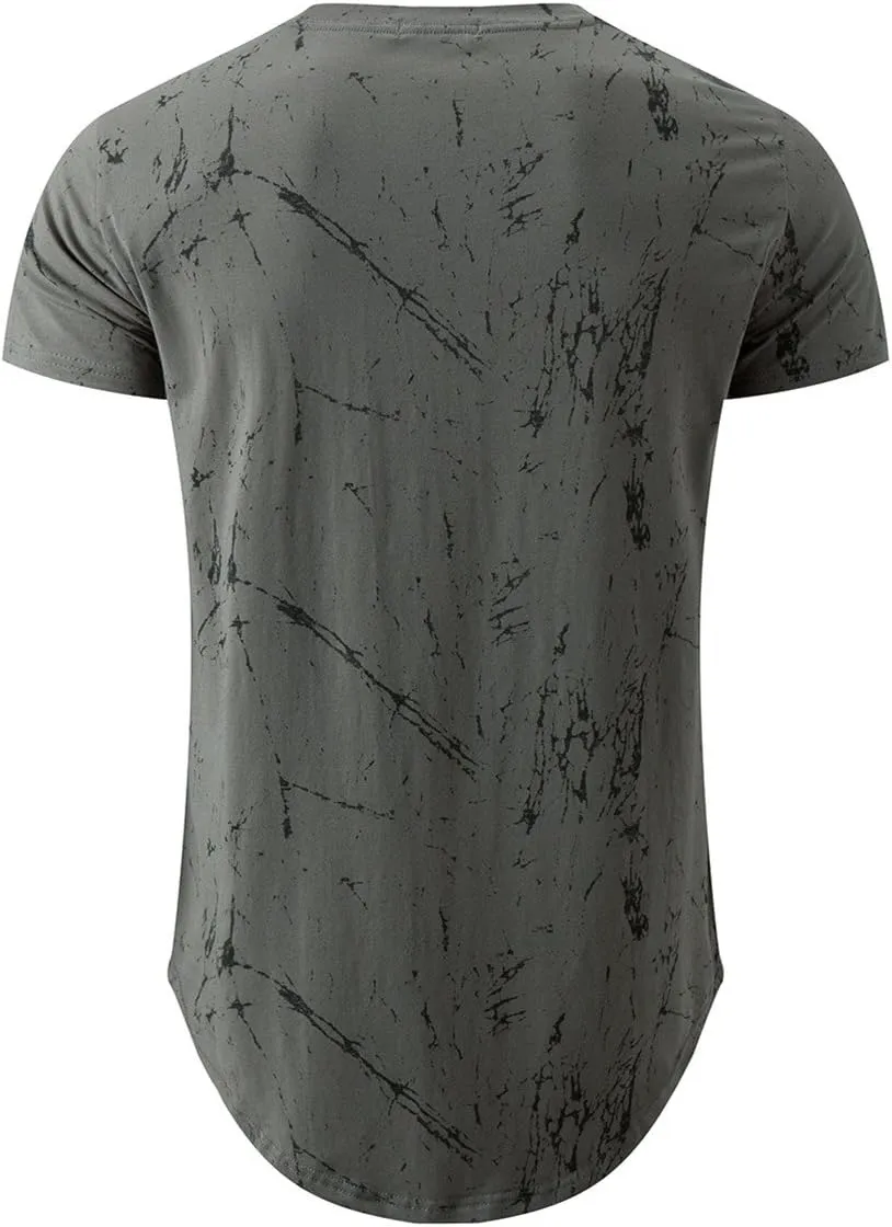 KLIEGOU Mens Hipster Hip Hop Ripped Round Hemline Pattern Print T Shirt