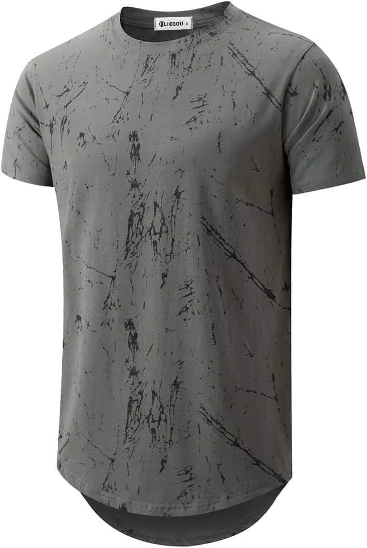 KLIEGOU Mens Hipster Hip Hop Ripped Round Hemline Pattern Print T Shirt