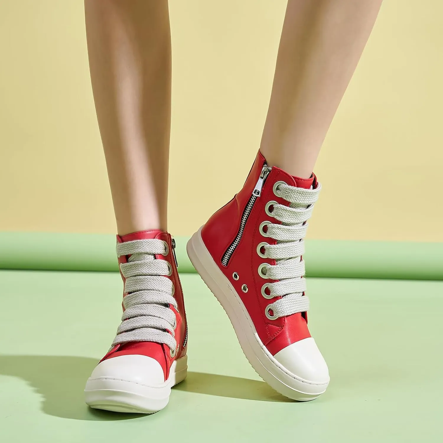 Kluolandi Fashion High Top Sneakers for Women Wide Lace Up Black White Platform Sneaker Shoes with Zipper
