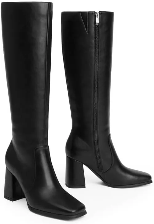 Knee High Boots Women Chunky Heel Square Toe Tall Boots Women Heeled Size Zipper Long Boots