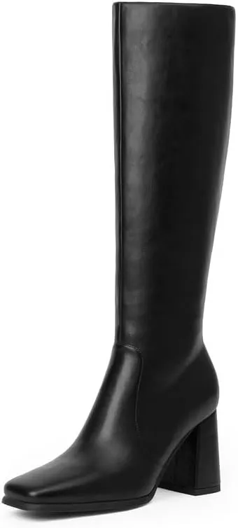 Knee High Boots Women Chunky Heel Square Toe Tall Boots Women Heeled Size Zipper Long Boots