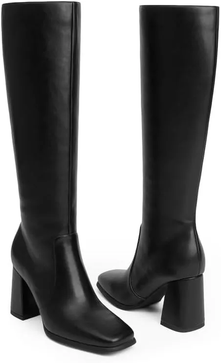 Knee High Boots Women Chunky Heel Square Toe Tall Boots Women Heeled Size Zipper Long Boots