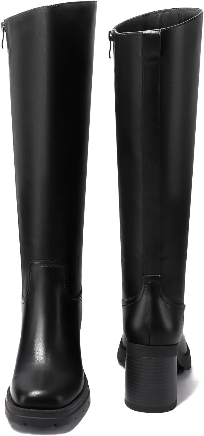 Knee High Boots Women Platform Lug Sole Knee Boots Square Toe Stacked Chunky Heels Long Fall Boots with Zippers