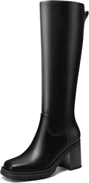 Knee High Boots Women Platform Lug Sole Knee Boots Square Toe Stacked Chunky Heels Long Fall Boots with Zippers