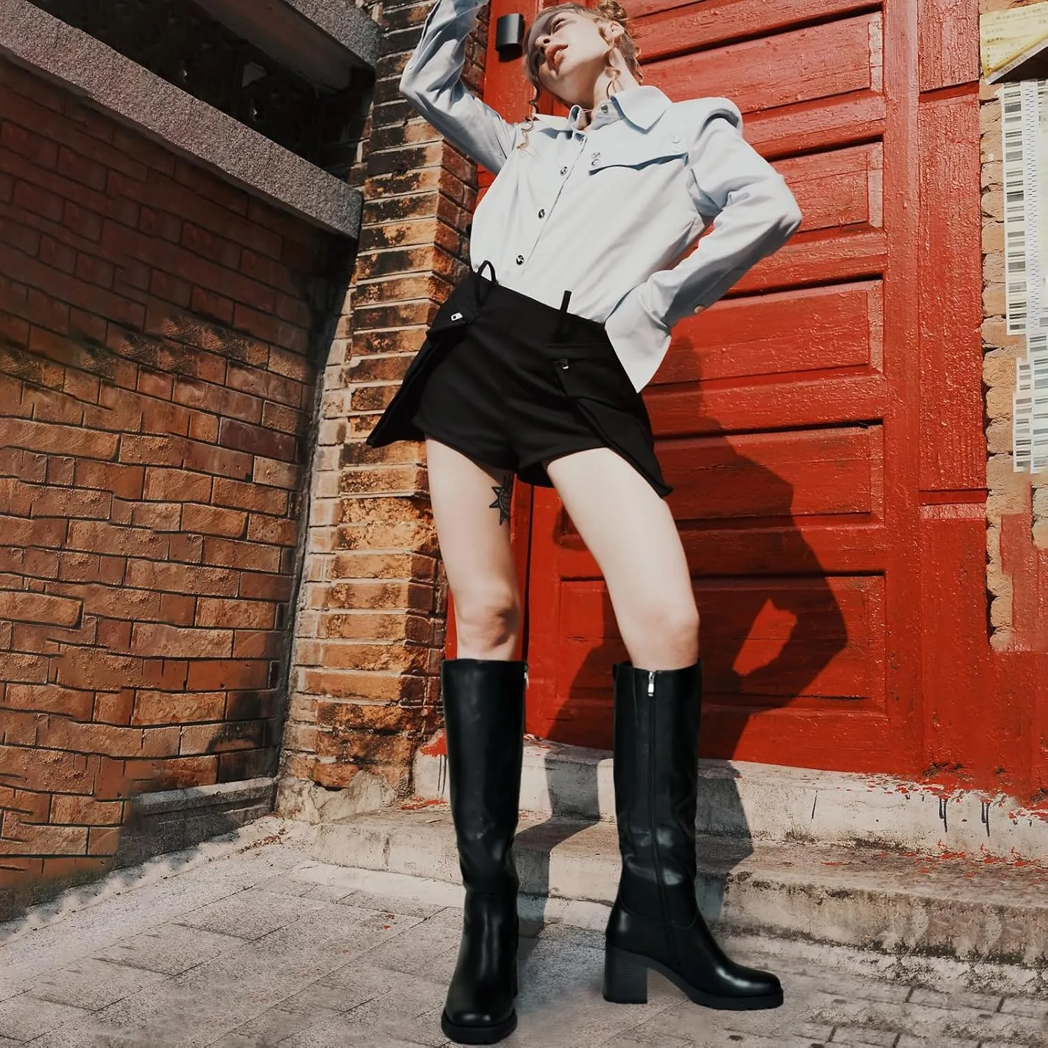 Knee High Boots Women Platform Lug Sole Knee Boots Square Toe Stacked Chunky Heels Long Fall Boots with Zippers