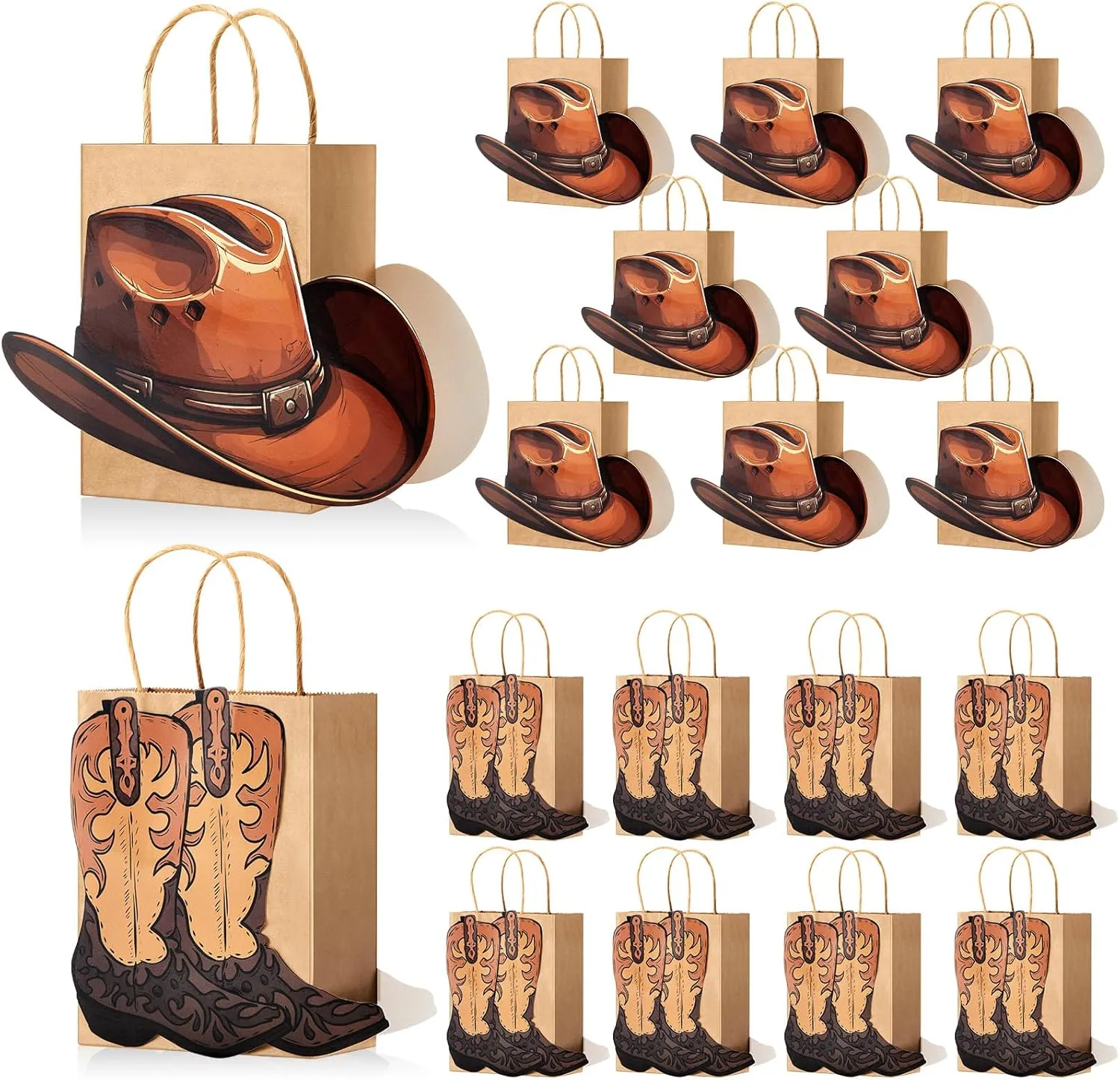 Kolldenn 16 Pcs Cowboy Boots Paper Bags Cowboy Hat Kraft Bags Western Theme Party Favors Bags Rodeo Cowgirl Boot Hat Goodie Bag Wild West Girl Candy Bags for Cowboy Western Birthday Party Bachelorette