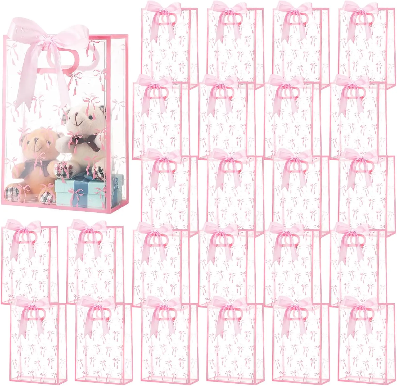 Kolldenn 24 Pcs Clear Pink Coquette Bow Plastic Gift Bag with Die Cut Handles Flower Reusable PP Favor Bag with Ribbon for Mother's Day Baby Shower Wedding Birthday Tea Party Favor Supplies