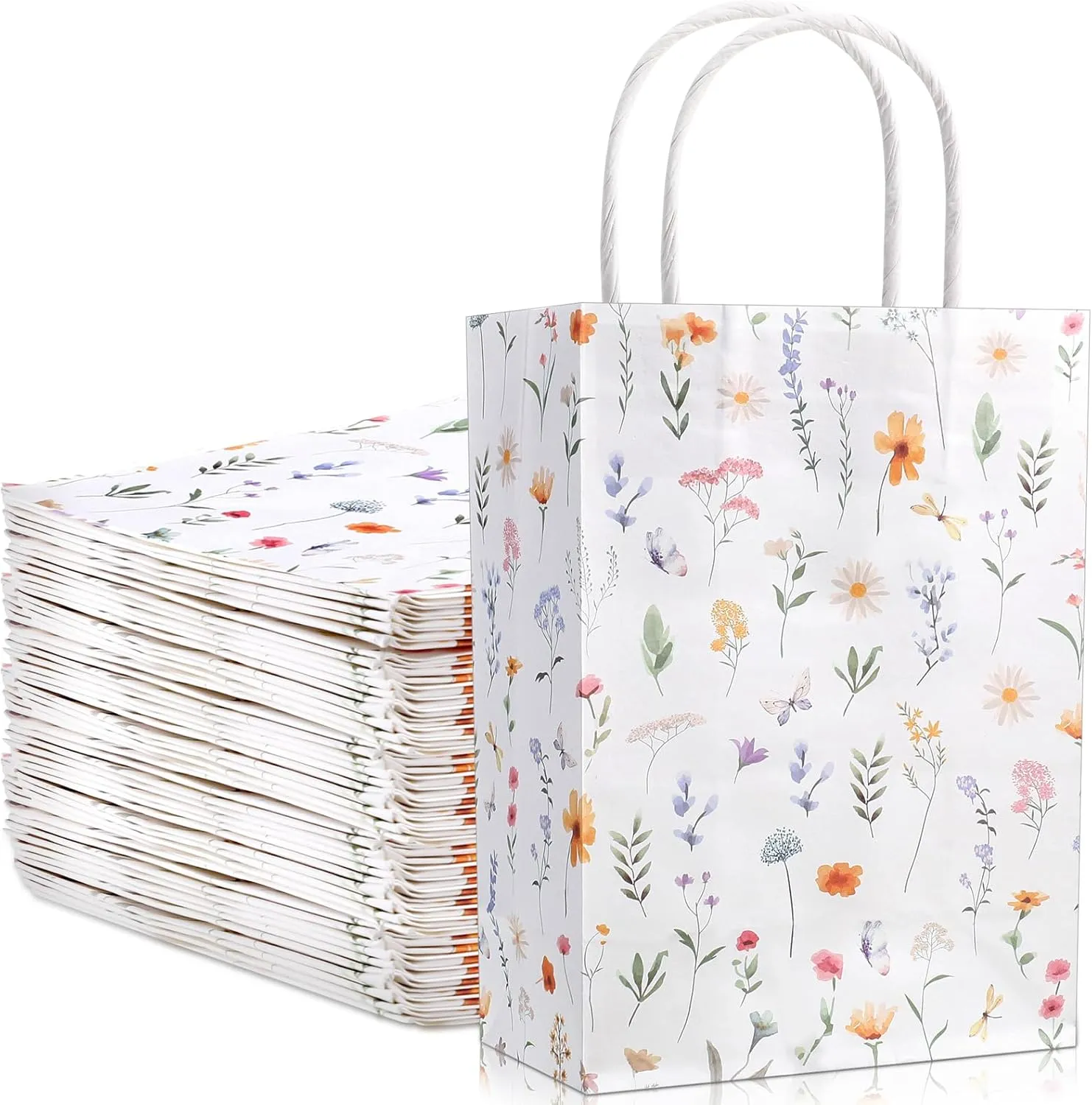 Kolldenn 24 Pcs Welcome Bags for Wedding Hotel Guests Birthday Party Paper Gift Bags with Handles for Bridal Baby Shower Birthday Party Favor, 8.3'' x 5.9'' x 3.1''(Wildflower)