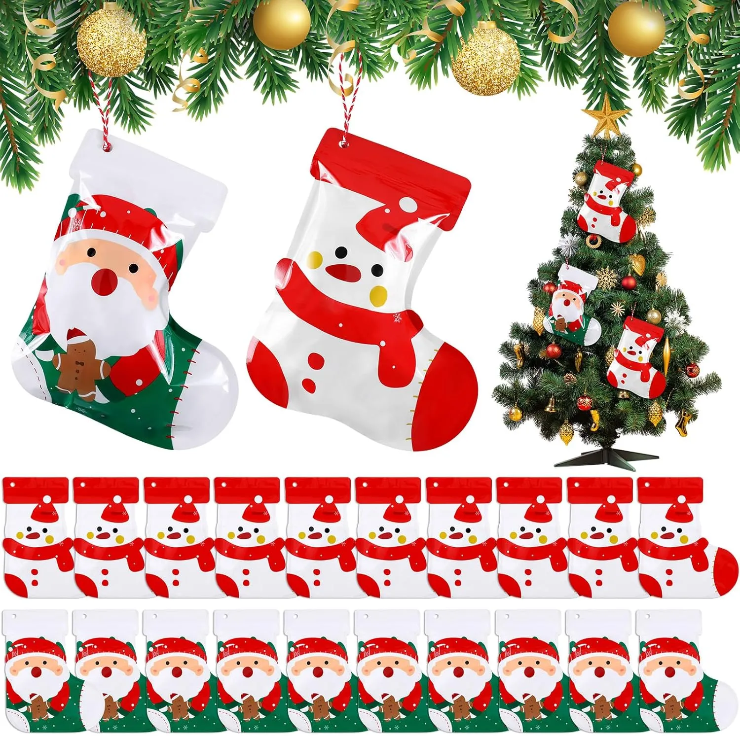 Kolldenn 90 Pcs Zipper Design Christmas Stocking Goodie Bags with Hanging Rope - Sealable Cookie & Candy Treat Bags for Xmas Tree & Holiday Party Favors
