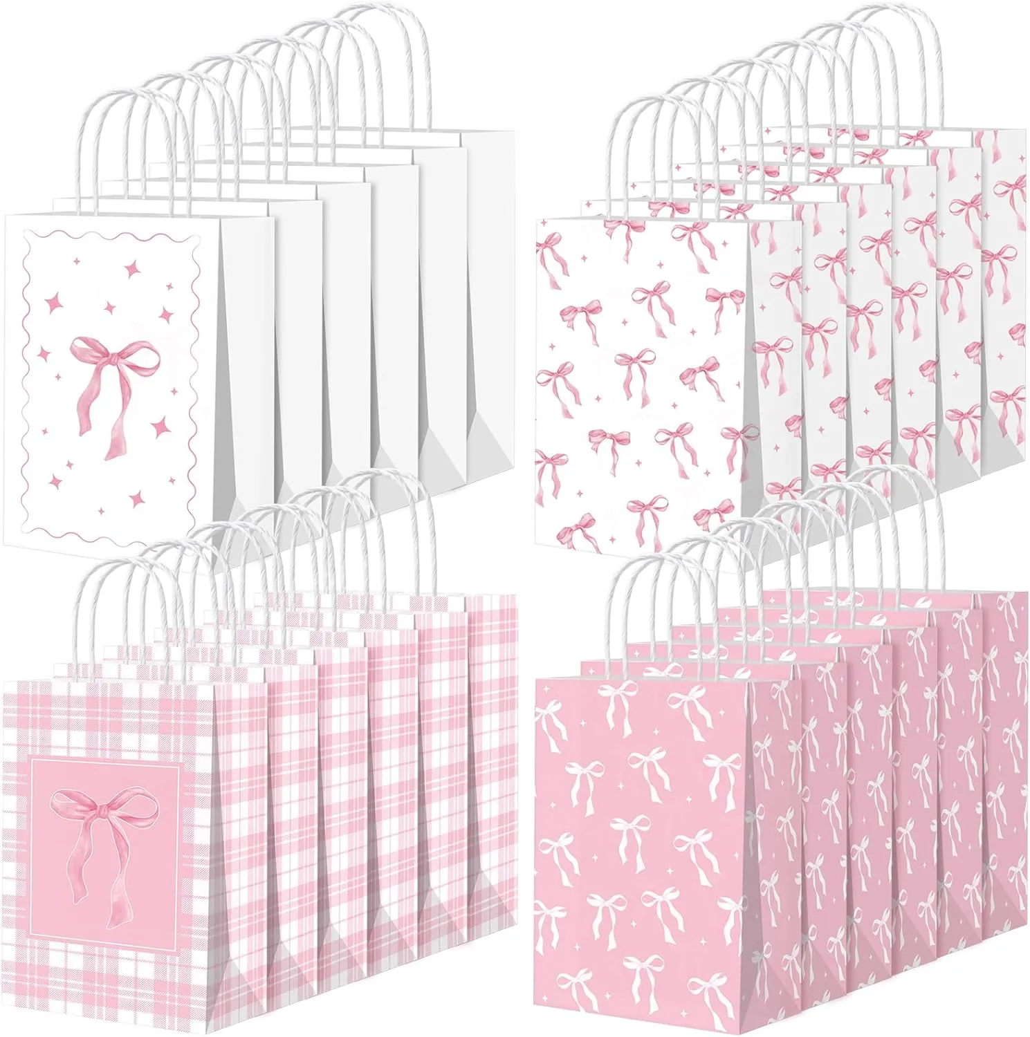 Kosiz 24 Pcs Pink Bow Paper Gift Bags with Handles Coquette Bow Goodie Candy Treat Bags for Women Birthday Bachelorette Bridal Engagement Shower Party Favors Supplies Decor 7.9 x 4.7 x 3.2 Inch
