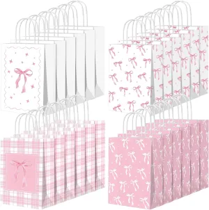 Kosiz 24 Pcs Pink Bow Paper Gift Bags with Handles Coquette Bow Goodie Candy Treat Bags for Women Birthday Bachelorette Bridal Engagement Shower Party Favors Supplies Decor 7.9 x 4.7 x 3.2 Inch