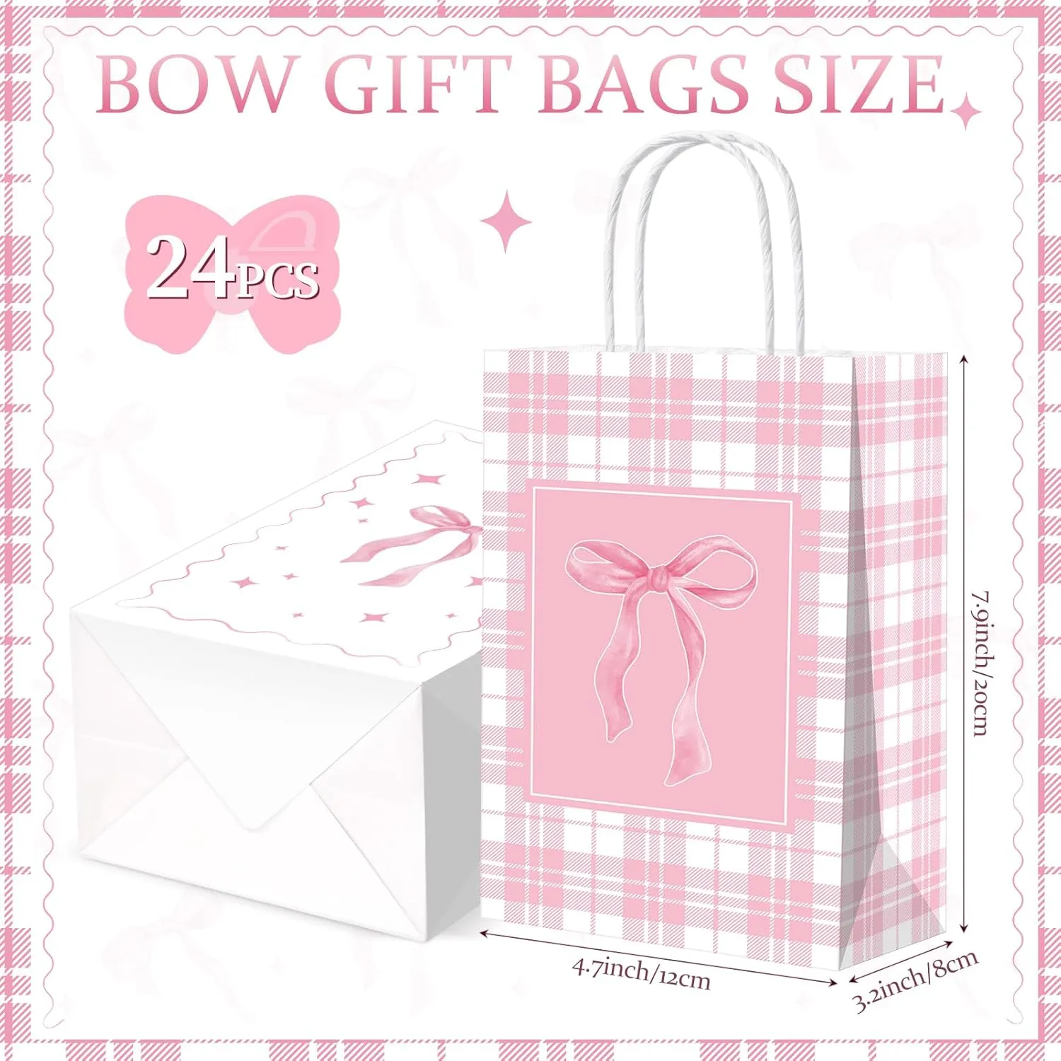 Kosiz 24 Pcs Pink Bow Paper Gift Bags with Handles Coquette Bow Goodie Candy Treat Bags for Women Birthday Bachelorette Bridal Engagement Shower Party Favors Supplies Decor 7.9 x 4.7 x 3.2 Inch