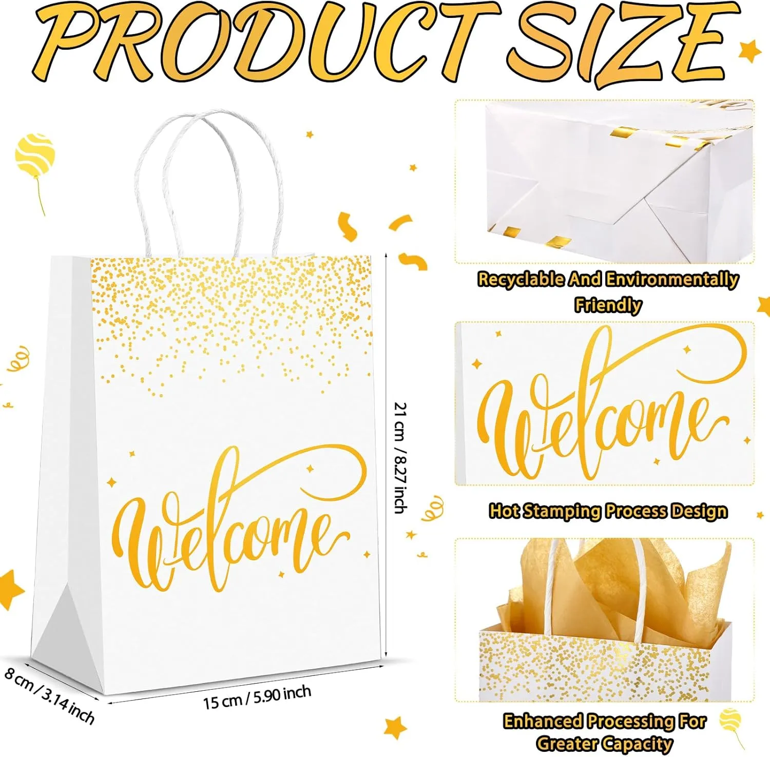 Kosiz 50 Sets Welcome Gift Bags Bulk with Handles and Tissue Paper Welcome to Our Church Kraft Paper Bags for Wedding Guests Hotel Church Visitors Birthday Party Supplies (White)