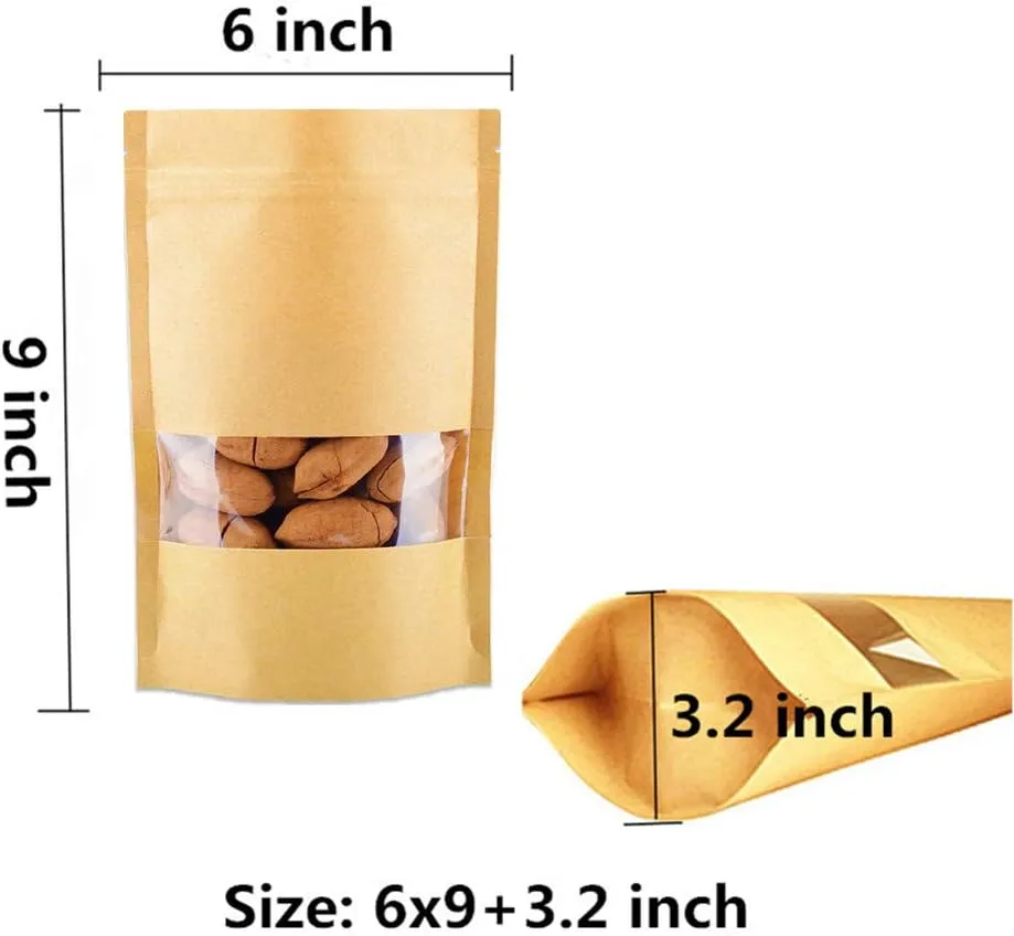 Kraft Heat Sealable Stand Up food Pouches Paper Mylar Bags With Clear Window And Zip Lock,Heavy Duty Decorative Resealable Recycled For DIY Homemade Chips Candy Cookies Christmas (50pcs 6x9 3.2 inch)