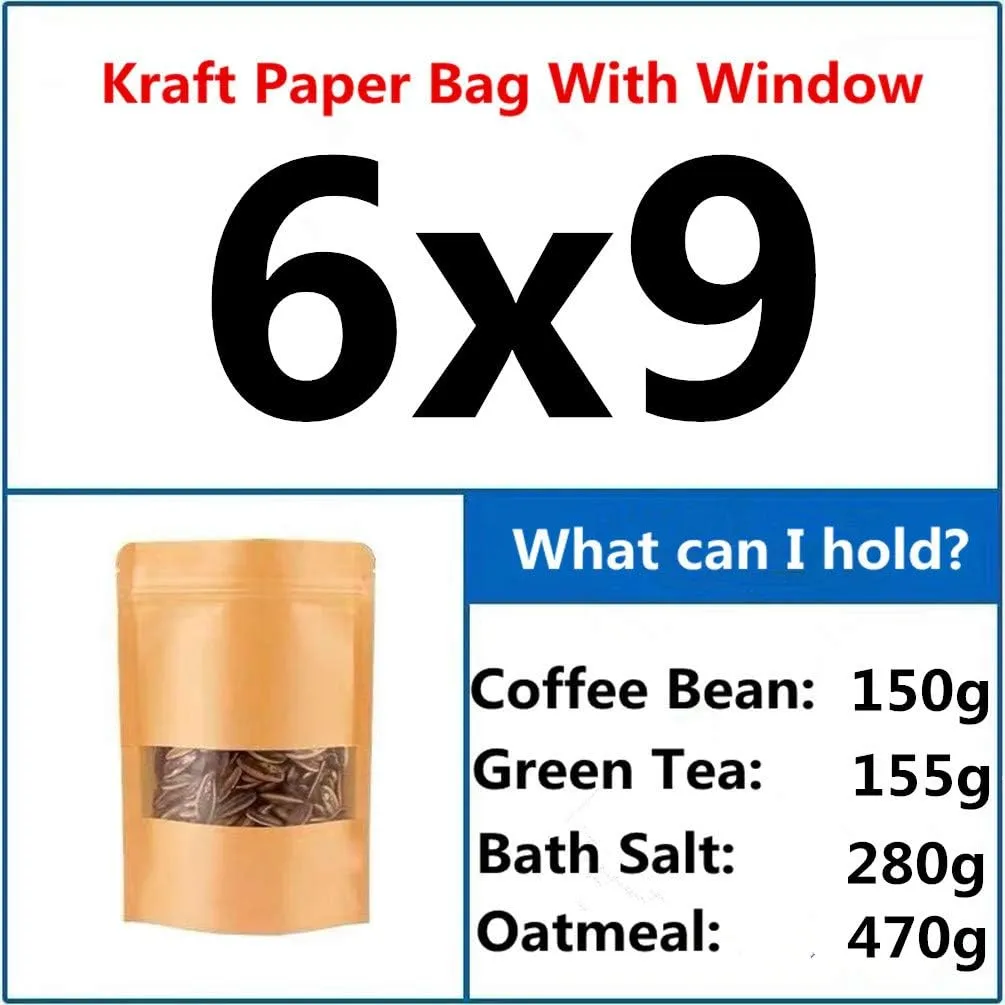Kraft Heat Sealable Stand Up food Pouches Paper Mylar Bags With Clear Window And Zip Lock,Heavy Duty Decorative Resealable Recycled For DIY Homemade Chips Candy Cookies Christmas (50pcs 6x9 3.2 inch)