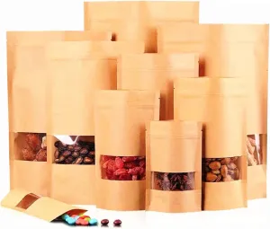 Kraft Heat Sealable Stand Up food Pouches Paper Mylar Bags With Clear Window And Zip Lock,Heavy Duty Decorative Resealable Recycled For DIY Homemade Chips Candy Cookies Christmas (50pcs 6x9 3.2 inch)