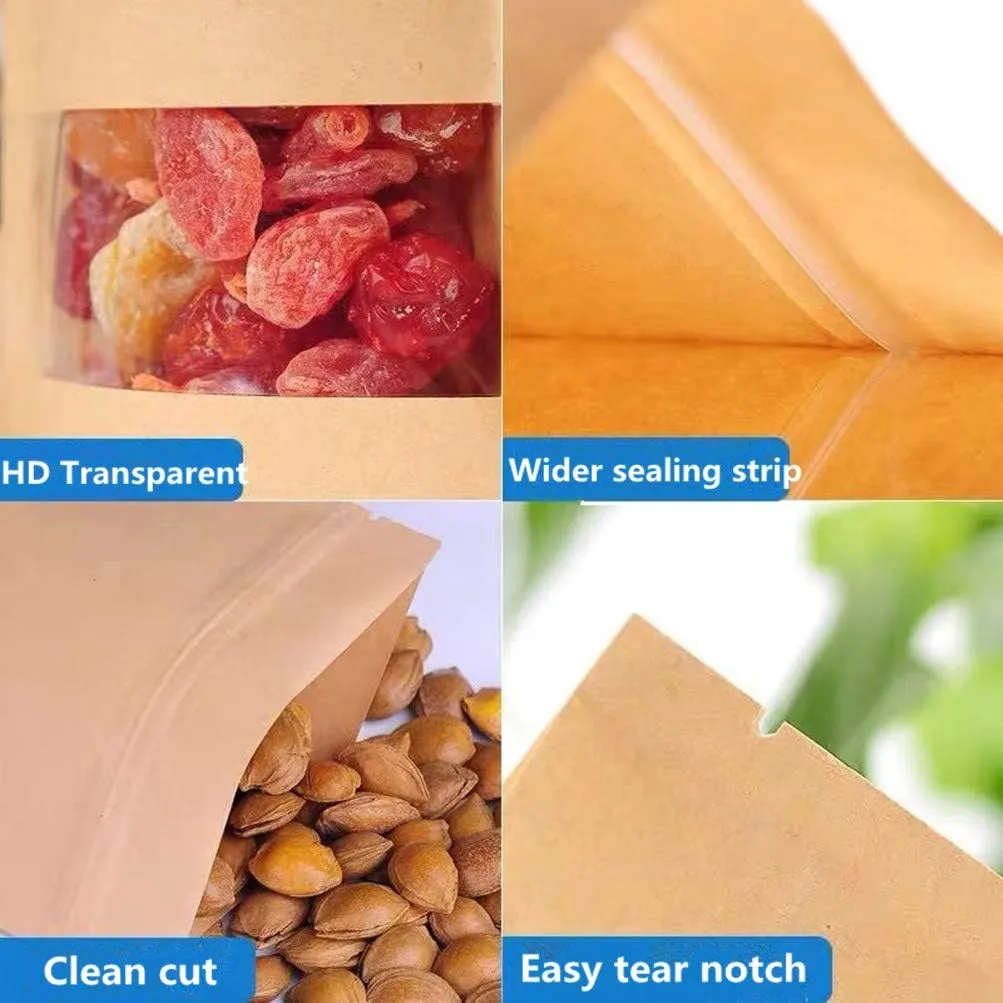 Kraft Heat Sealable Stand Up food Pouches Paper Mylar Bags With Clear Window And Zip Lock,Heavy Duty Decorative Resealable Recycled For DIY Homemade Chips Candy Cookies Christmas (50pcs 6x9 3.2 inch)