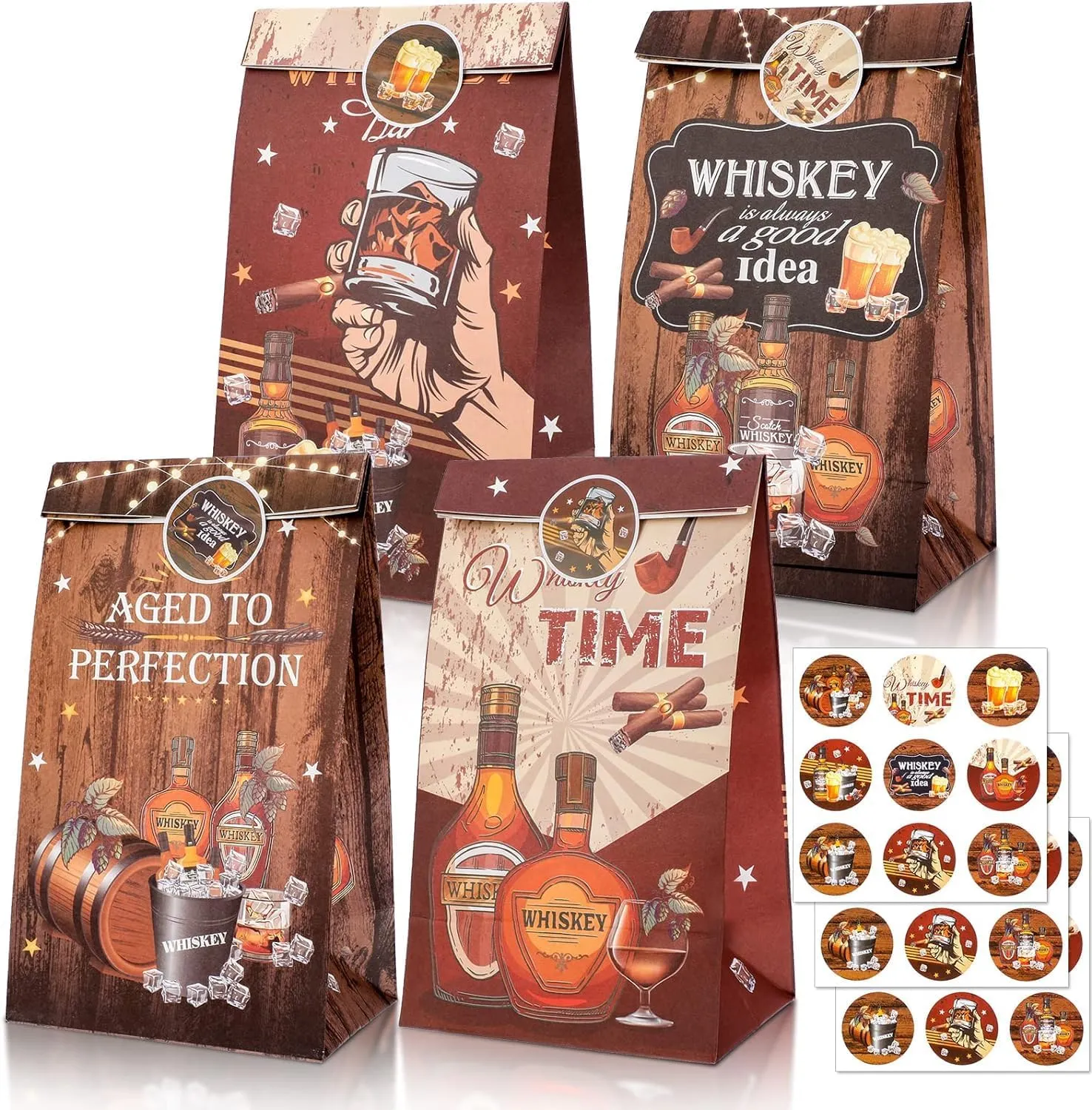 KRISTIN PARADISE 12Pcs Whiskey Party Favor Bags, Men Aged to Perfection Theme Birthday Paper Goodie Gift Bags
