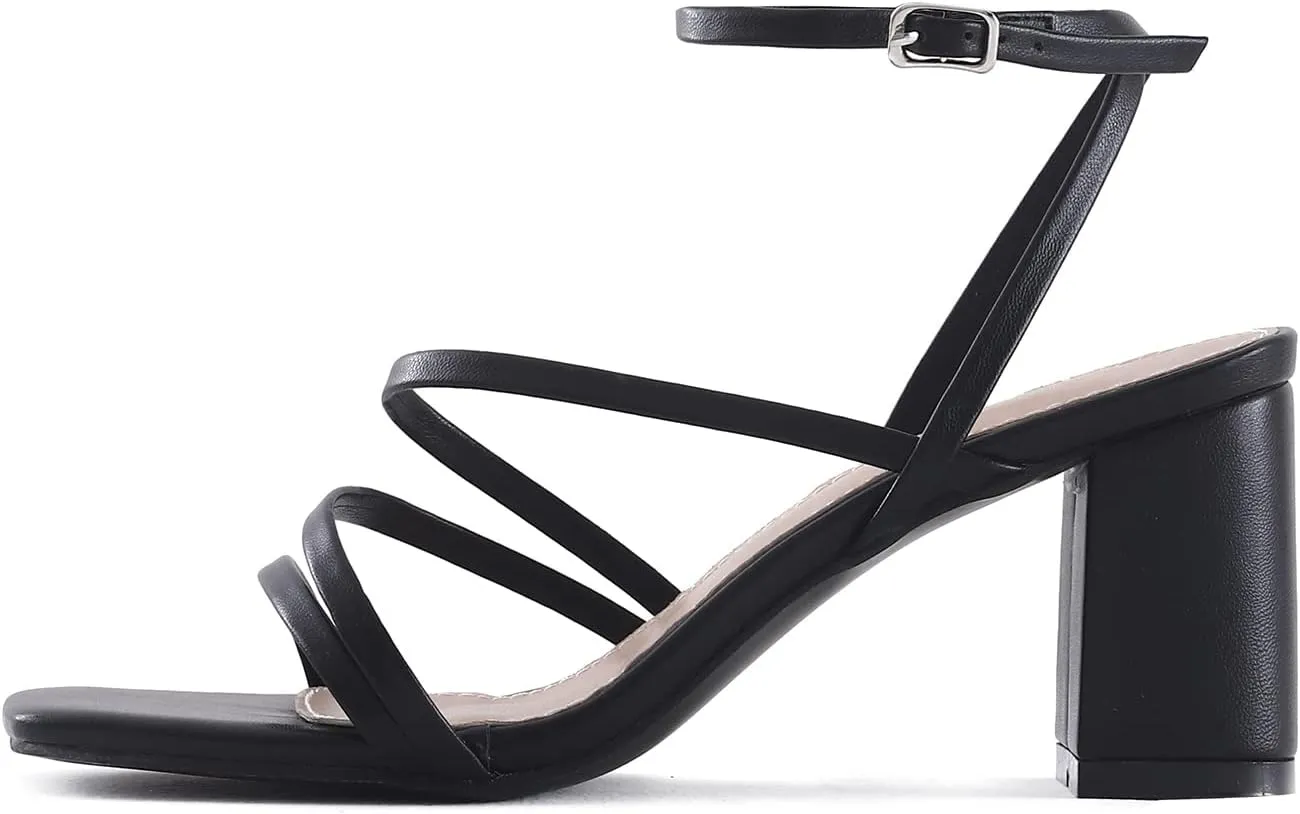 LACUONE Strappy Heels for women Block Heels Square Toe Chunky Ankle Buckle Pump Heeled Sandals