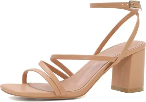 LACUONE Strappy Heels for women Block Heels Square Toe Chunky Ankle Buckle Pump Heeled Sandals