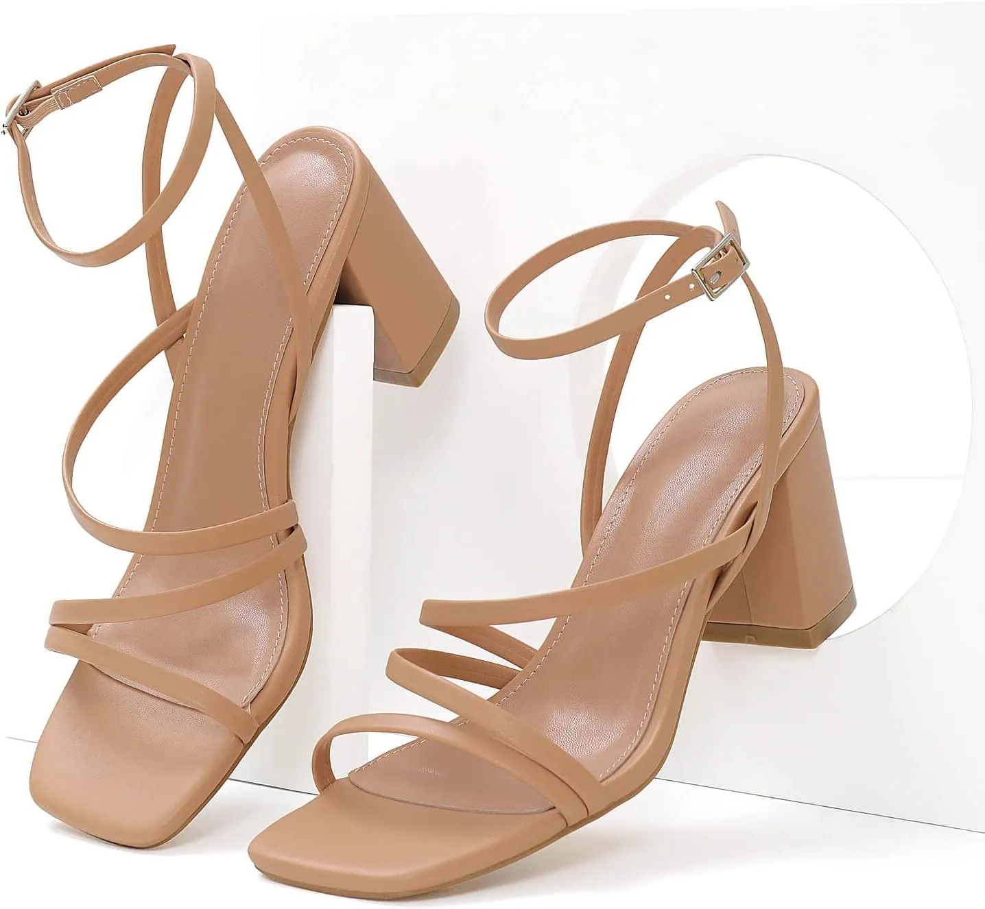 LACUONE Strappy Heels for women Block Heels Square Toe Chunky Ankle Buckle Pump Heeled Sandals