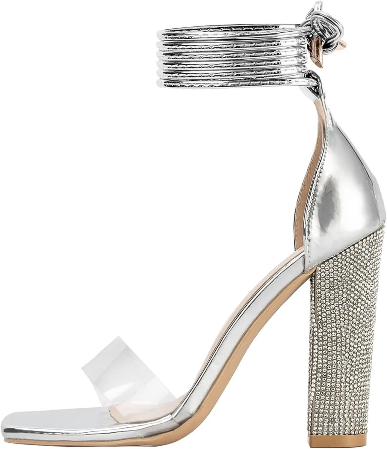 LALA IKAI Chunky Heels Sandals for Women Comfy Open Toe Strappy Rhinestone High Heeled Sandals White Silver Gold Black Ankle Clear Heels for Party Wedding