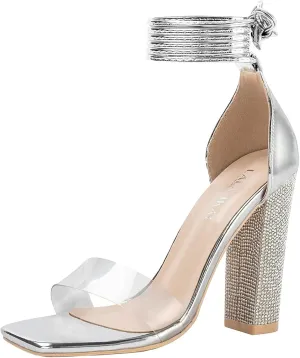 LALA IKAI Chunky Heels Sandals for Women Comfy Open Toe Strappy Rhinestone High Heeled Sandals White Silver Gold Black Ankle Clear Heels for Party Wedding