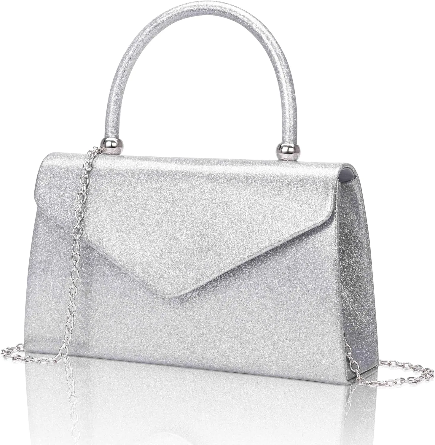 Larcenciel Elegant Silver Clutch Purse for Women, Shed-Proof Glitter Envelope Evening Bag w/Chain Strap, Fashion Ladies Crossbody Handbag for Formal Events Wedding Prom Party Cocktail Night Homecoming