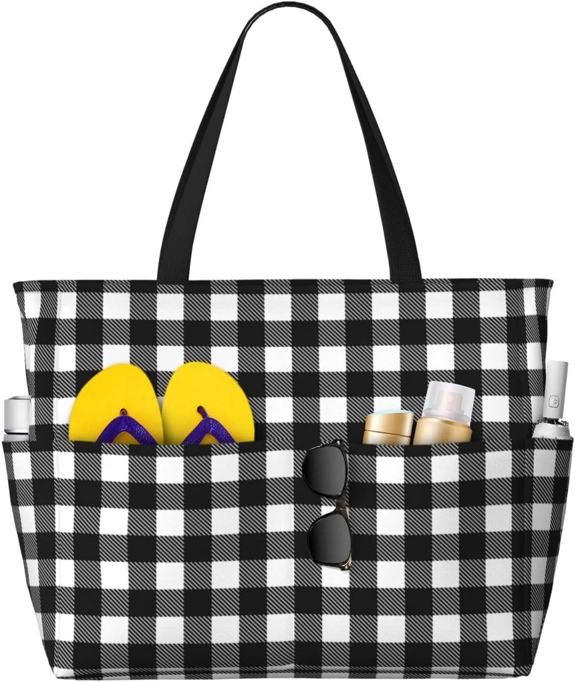 Large Beach Bags Water-resistant Sandproof - Black White Twill Stripe Plaid Cute Beach Tote Bags for Women with Zipper