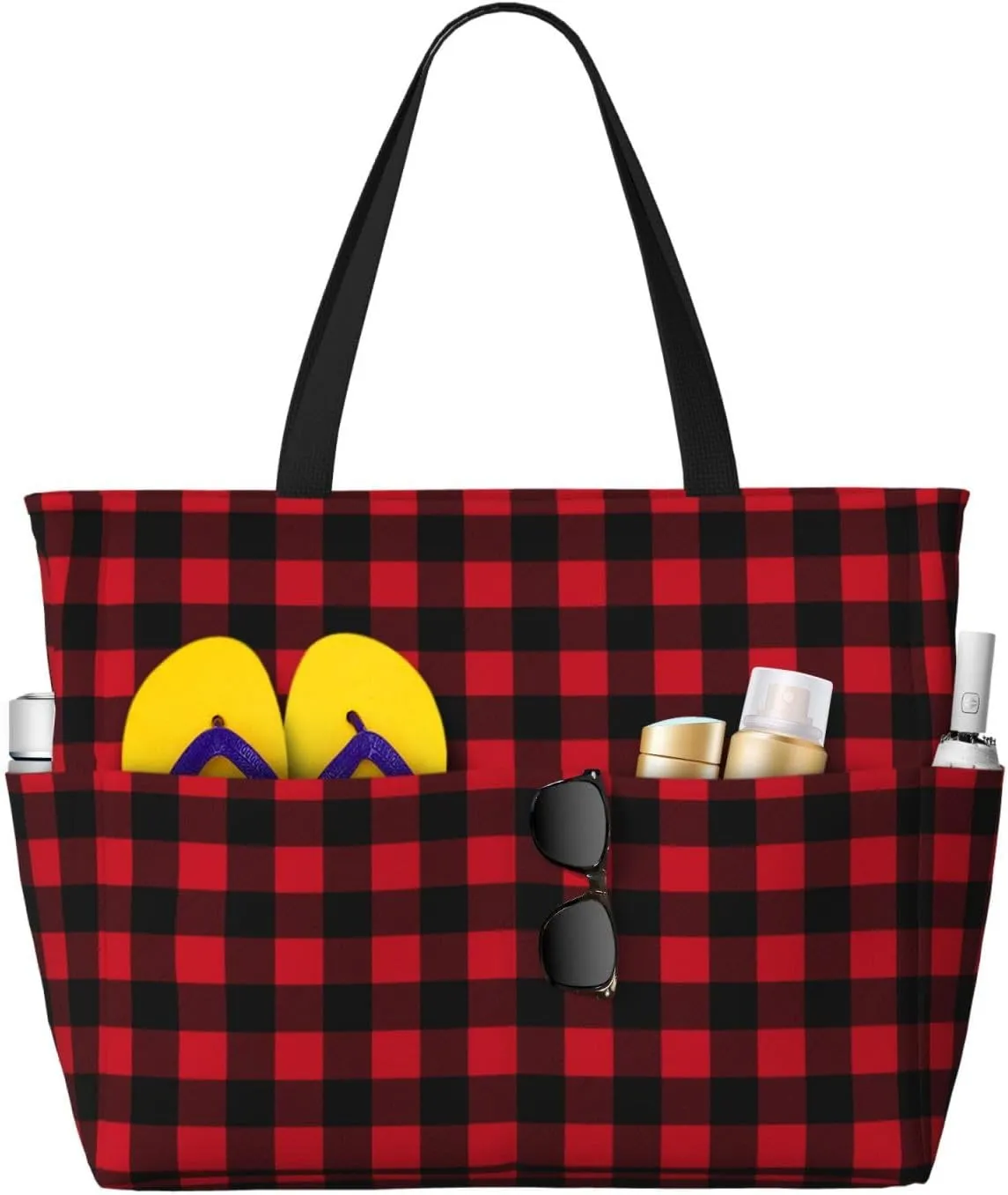 Large Beach Bags Water-resistant Sandproof - Red Black Twill Stripe Plaid Cute Beach Tote Bags for Women with Zipper